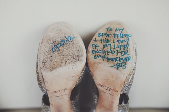 message under wedding high heels