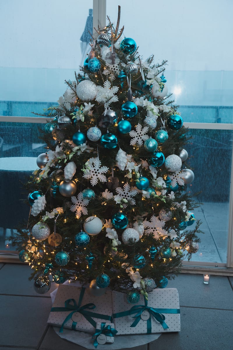 teal and white christmas tree on rooftop