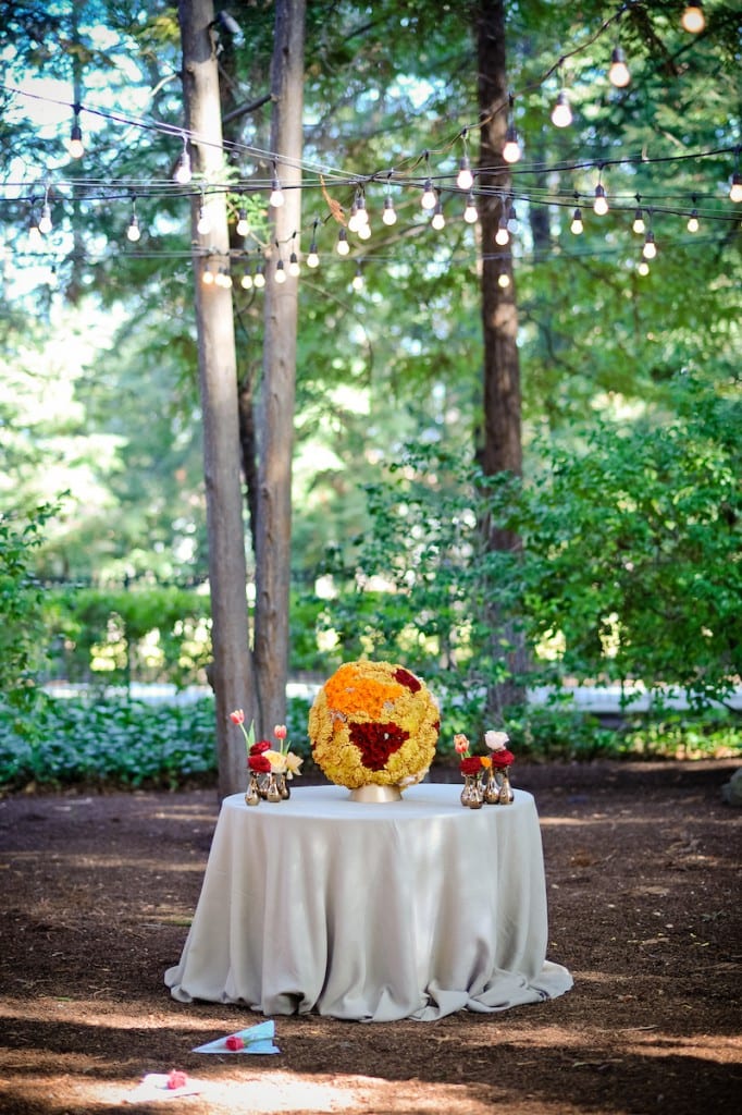 autumn flower arrangement on table in redwood trees