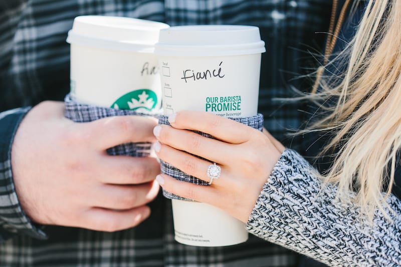 engagement ring with starbucks drink