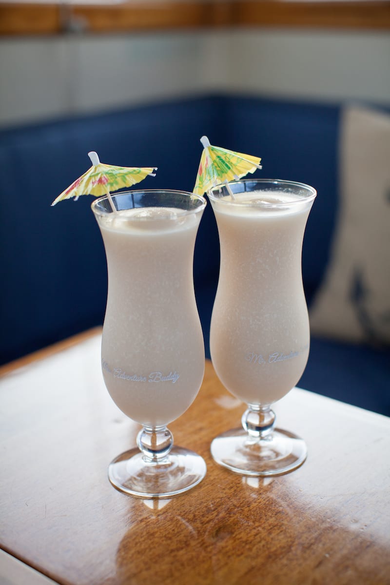 pina coladas in etched glasses