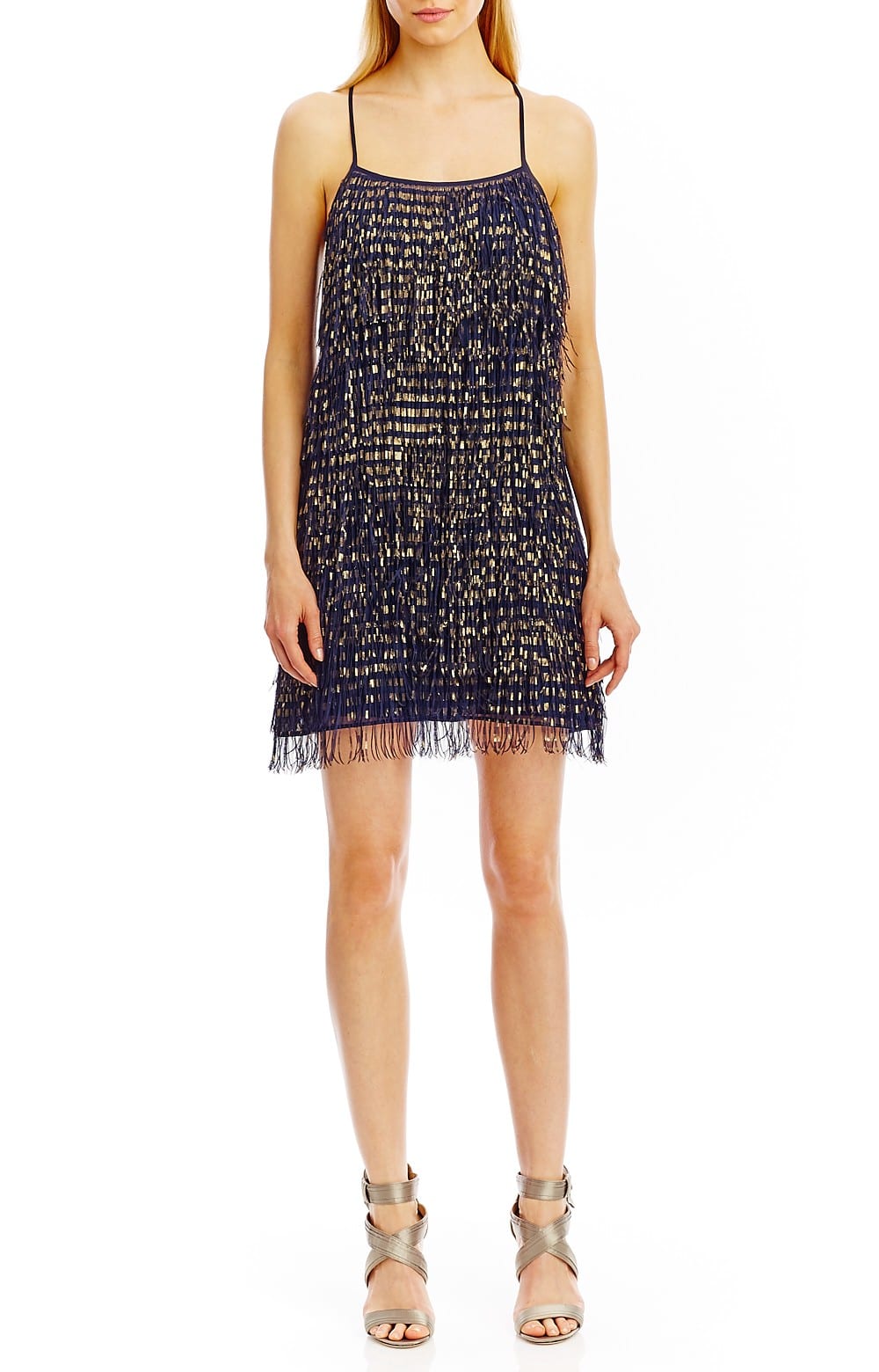 navy and gold fringe dress