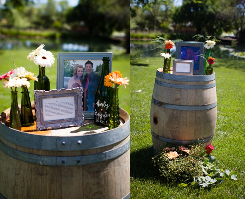 flowers and frames on wine barrels