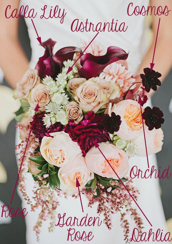 peach and maroon bridal bouquet