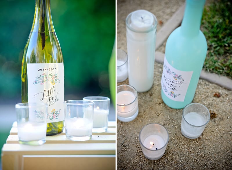 teal wine bottles with fairy lights
