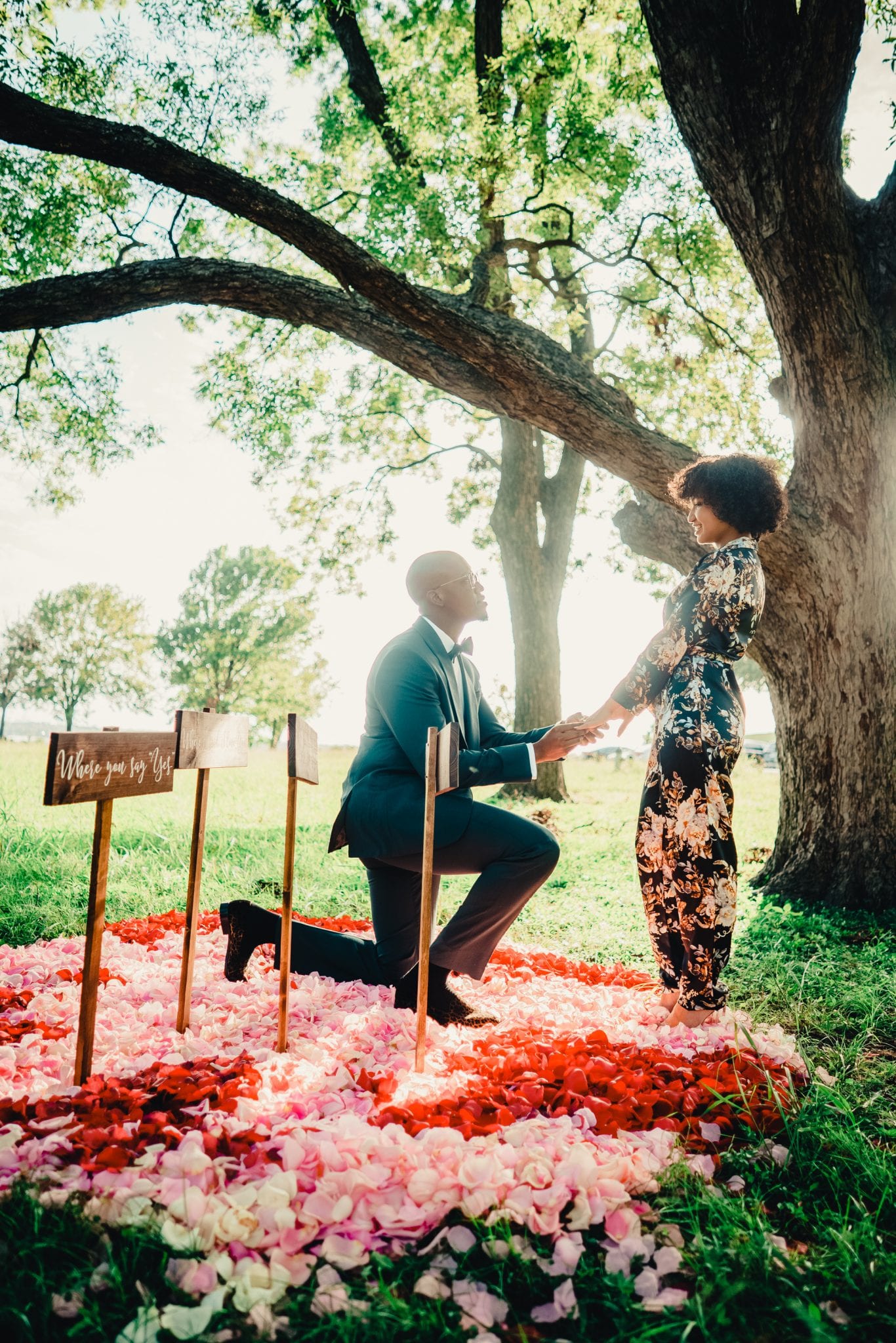 man proposing on rose petal globe to his girlfriend