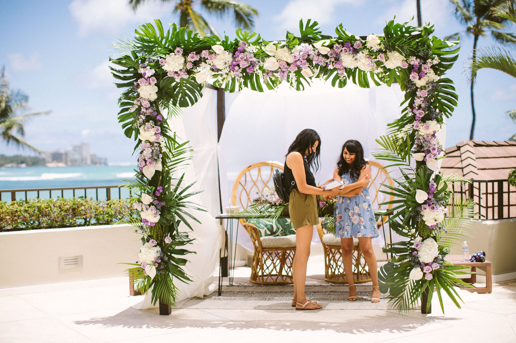 Couple at tropical lunch setting