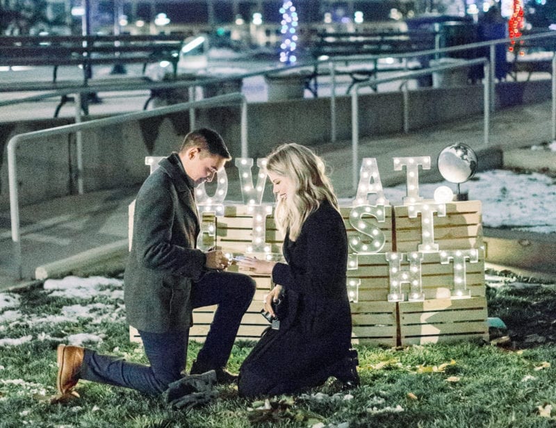 man proposing in twinkle lights