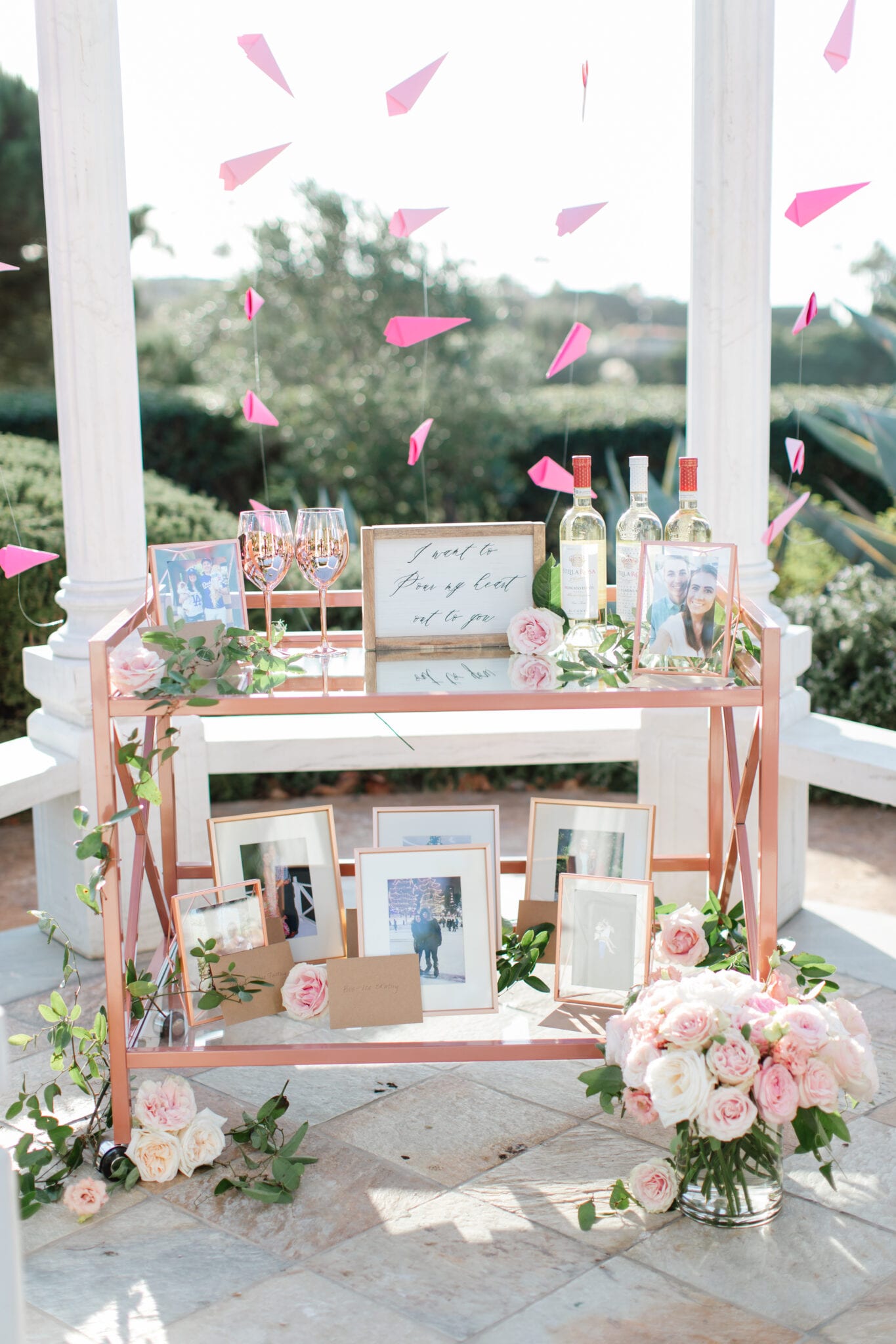 rose gold bar cart for waldorf astoria marriage proposal by the yes girls