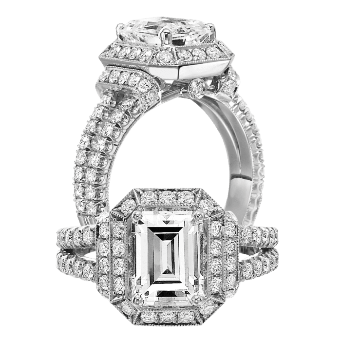Baguette Diamond Halo Engagement Ring - KGR1270 – Jack Kelége | Diamond  Engagement Rings, Wedding Rings, and Fine Jewelry