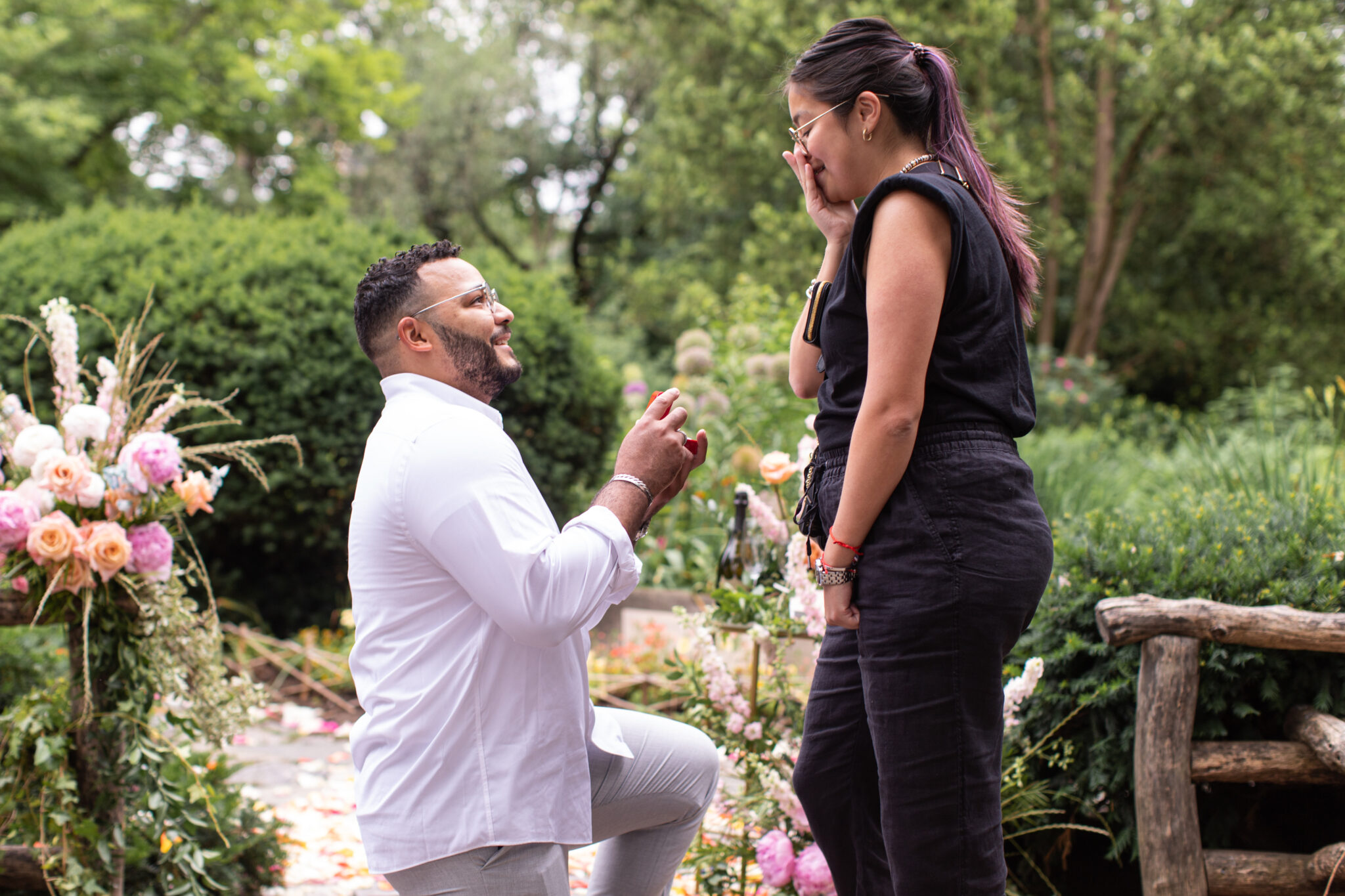 Man down on one knee during marriage proposal