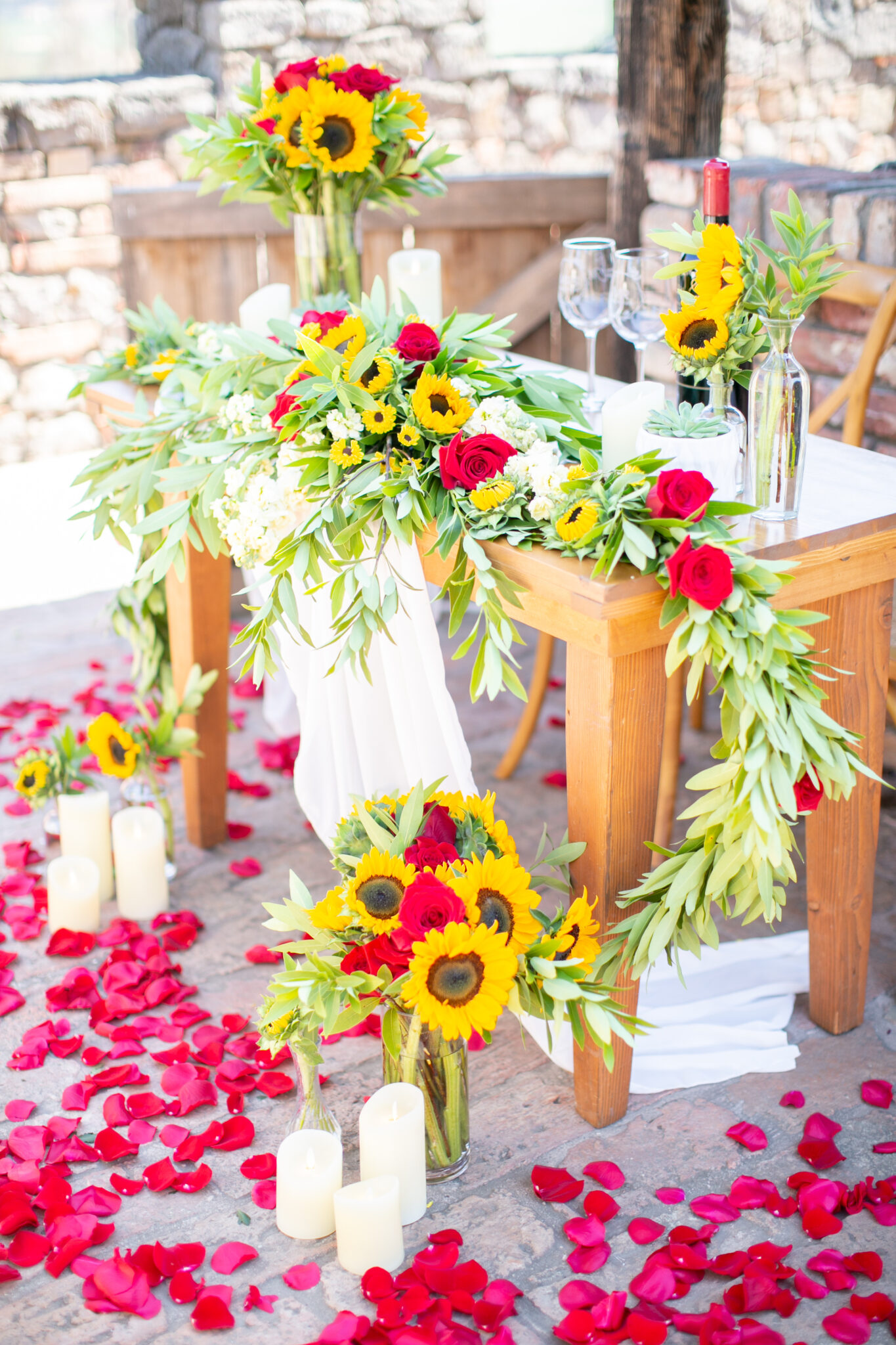 beautiful sunflower and rose set up for proposal in Napa