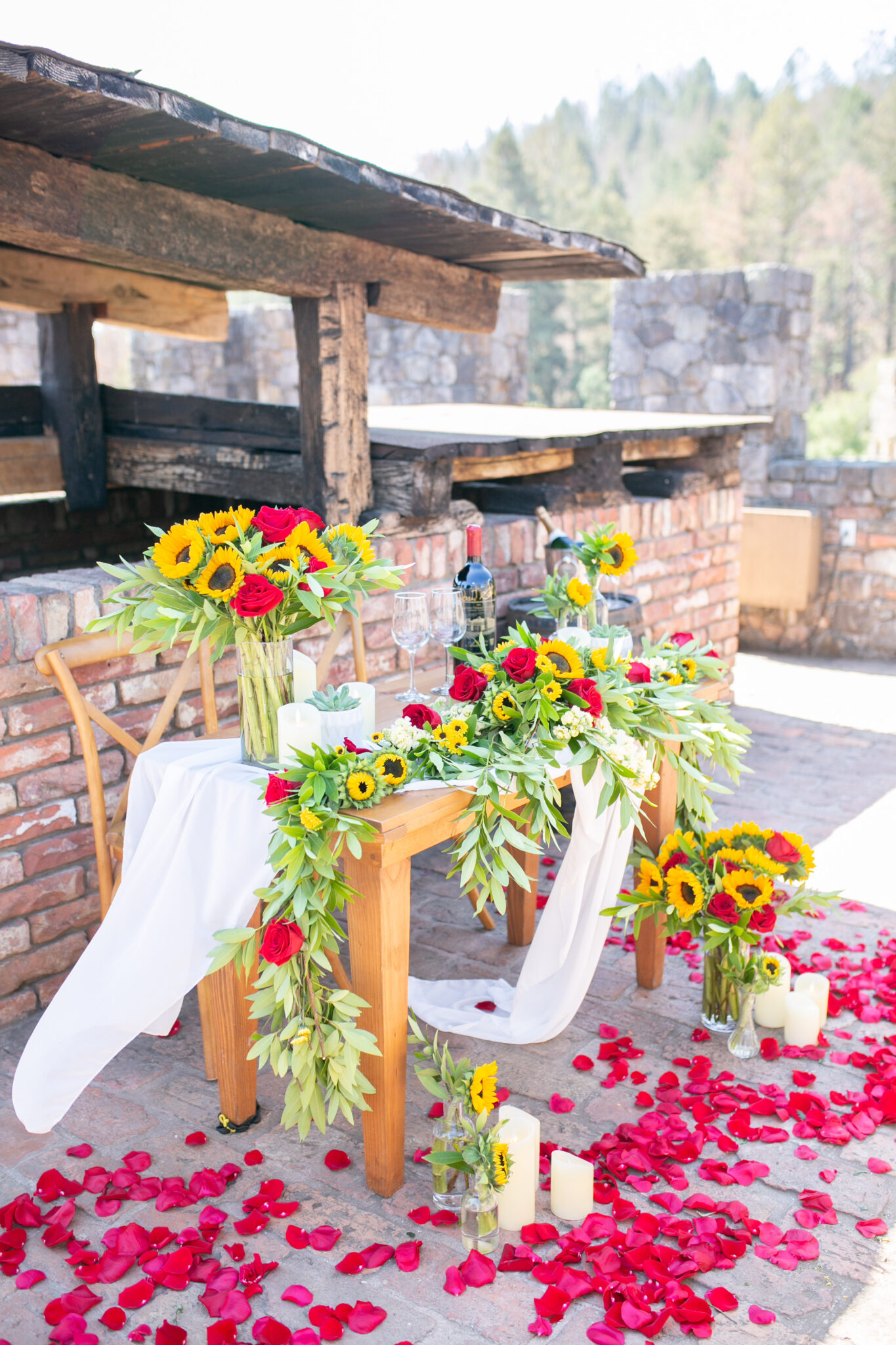 beautiful sunflower and rose set up for proposal in Napa