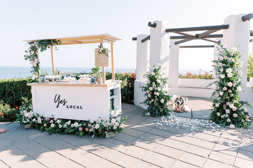 puppy proposal with wine cart