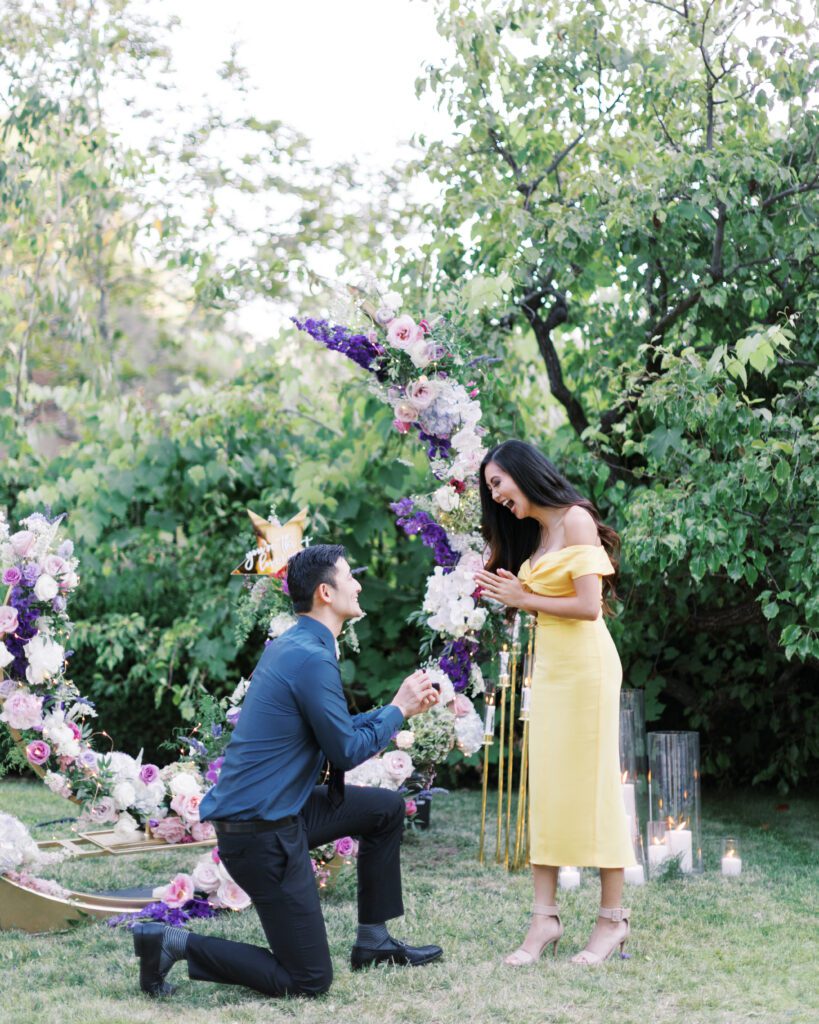 stunning private proposal with flowers in los angeles at private estate
