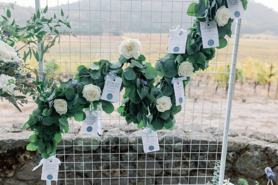 vineyard proposal winery proposal Napa CA proposal Will you marry me letters grid florals Math proposal blue and white flowers Stags Leap Proposal custom notes