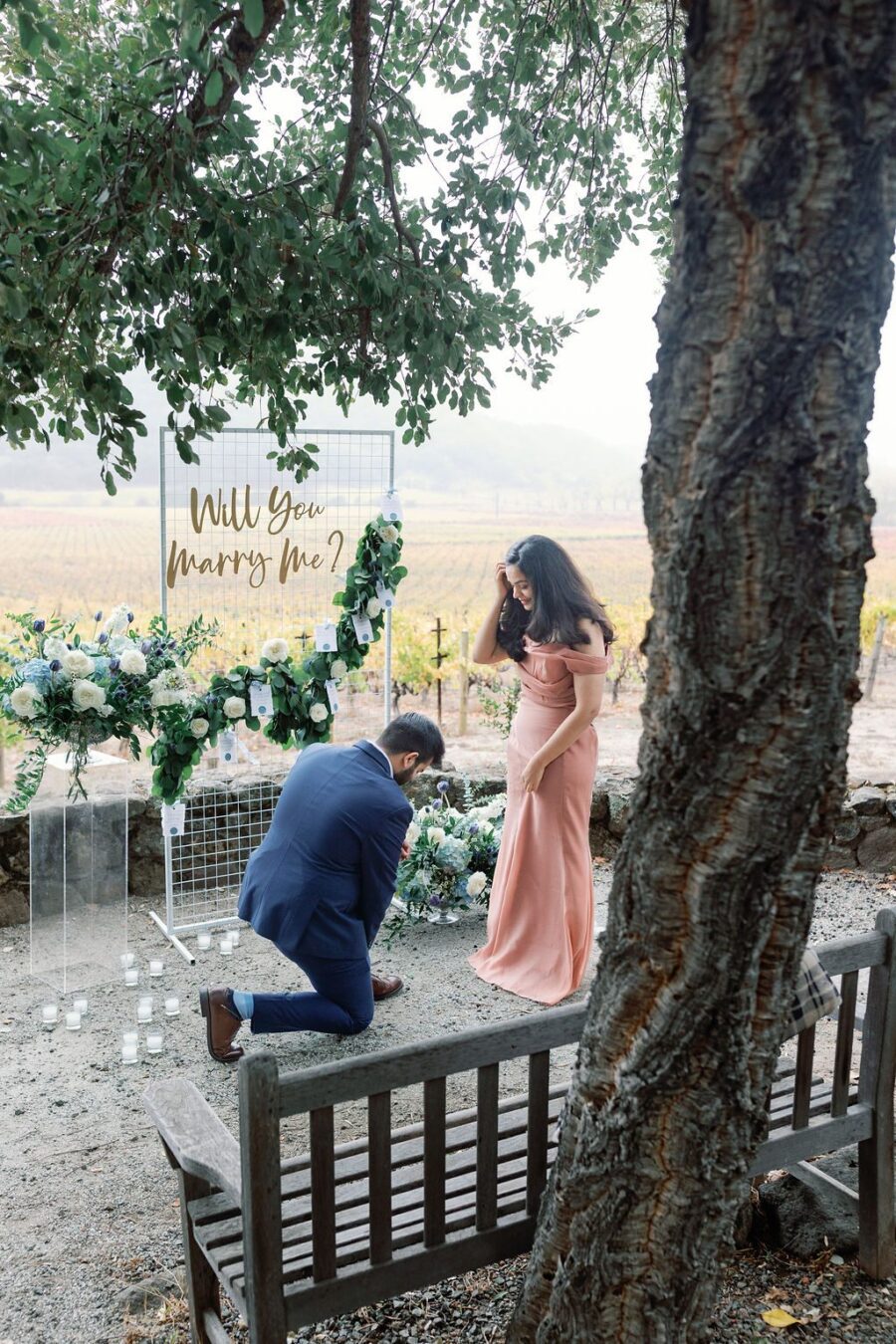 down on one knee vineyard proposal winery proposal Napa CA proposal Will you marry me letters grid florals Math proposal blue and white flowers Stags Leap Proposal custom notes