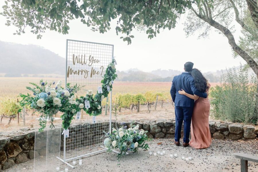 vineyard proposal winery proposal Napa CA proposal Will you marry me letters grid florals Math proposal blue and white flowers Stags Leap Proposal custom notes