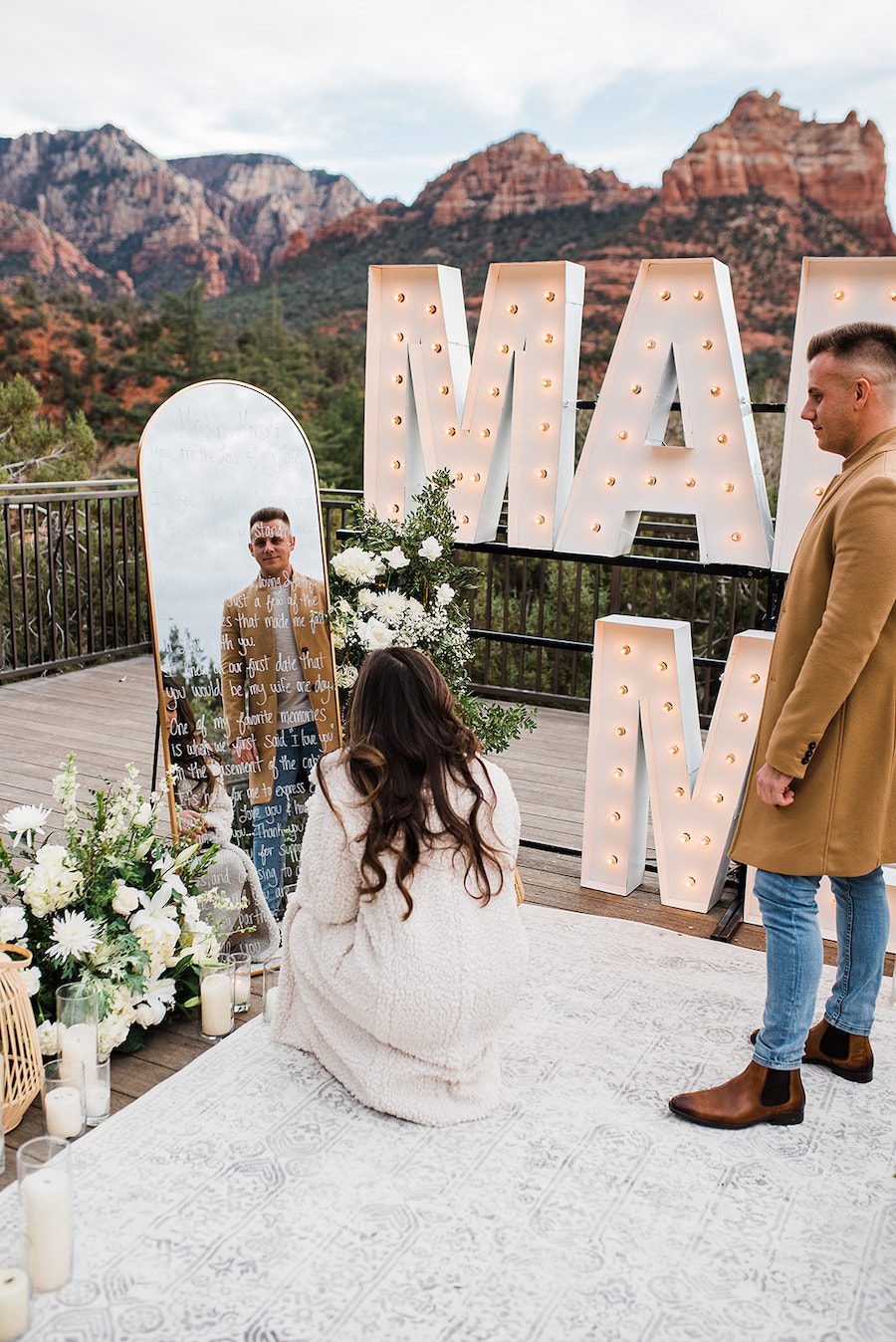 mirror with love letter marry me letters white flowers Sedona proposal