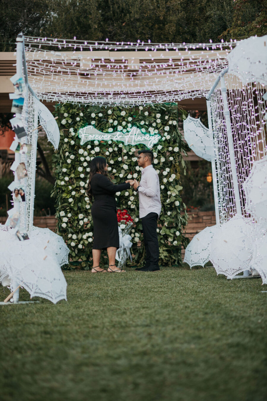 marriage proposal flower wall proposal carmel california proposal california proposal light tunnel umbrella proposal neon light proposal forever and always proposal