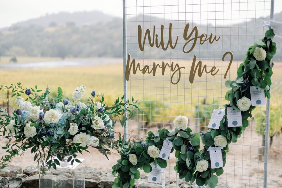 vineyard proposal winery proposal Napa CA proposal Will you marry me letters grid florals Math proposal blue and white flowers Stags Leap Proposal custom notes
