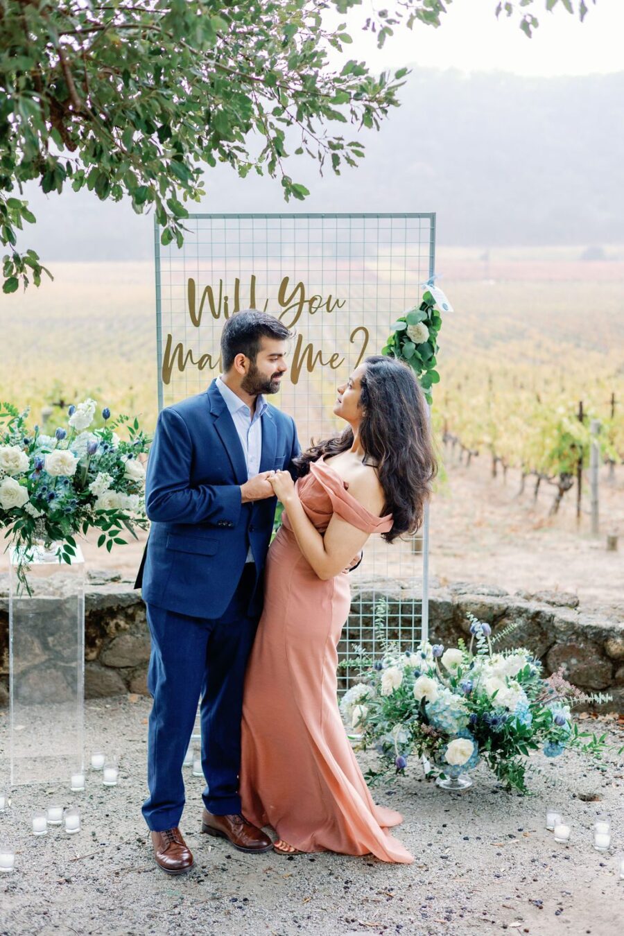 vineyard proposal winery proposal Napa CA proposal Will you marry me letters grid florals Math proposal blue and white flowers Stags Leap Proposal custom notes