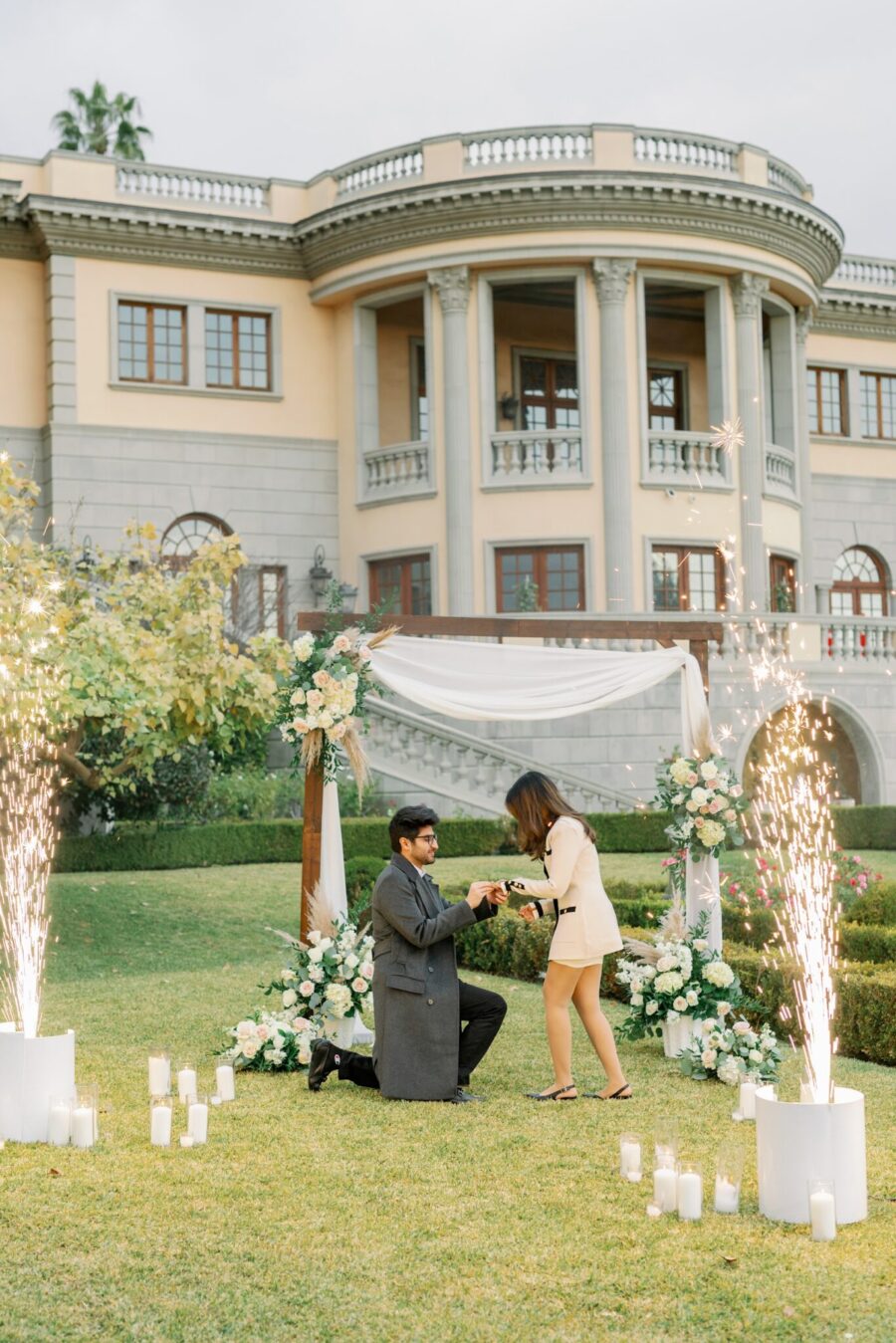 fairytale proposal in LA with sparkler fireworks and florals at private estate