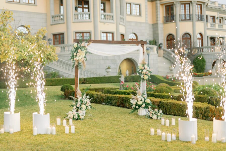 white and blush flowers arch with flowers proposal flowers white draping arch spark fountains Pasadena Princess LA mansion