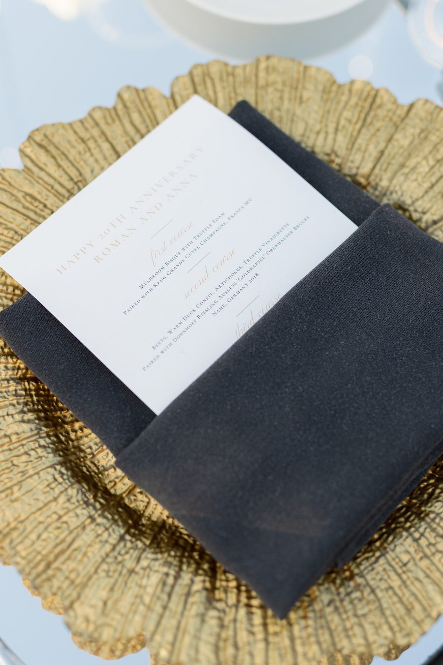 Menu details for luxury 20 year anniversary and ocean view proposal in southern California