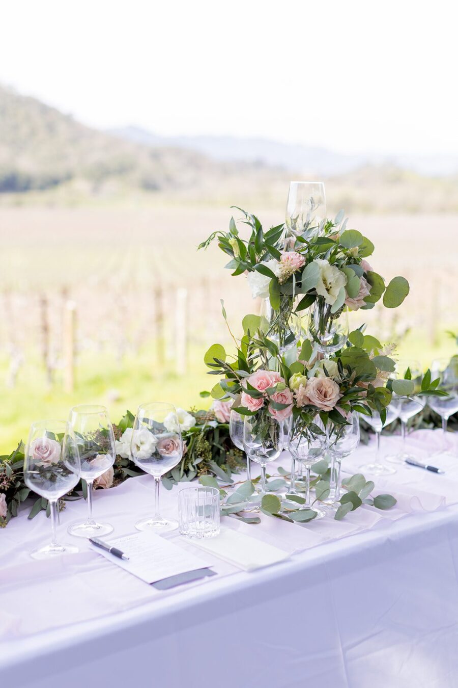 Napa California Winery proposal vineyard proposal wine glass tower custom wine glasses flower garland wine tasting proposal