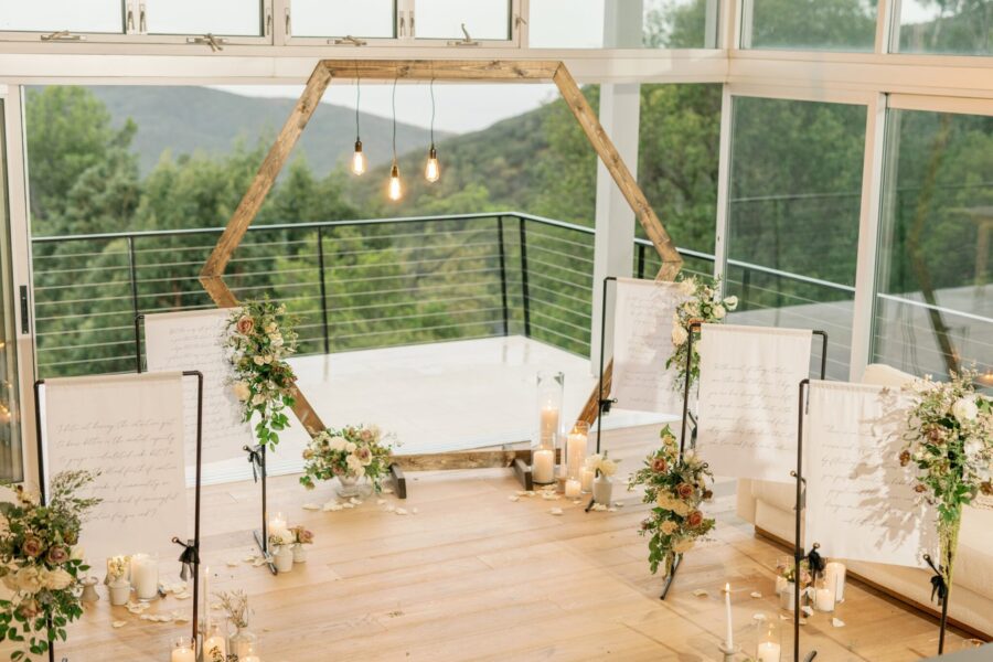 mountain views mountain proposal malibu california malibu proposal luxury proposal hexagon arch down on one knee arch hanging lights