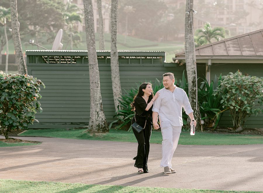 Dreamy Oceanview maui proposal couple arriving to their stunning custom set up