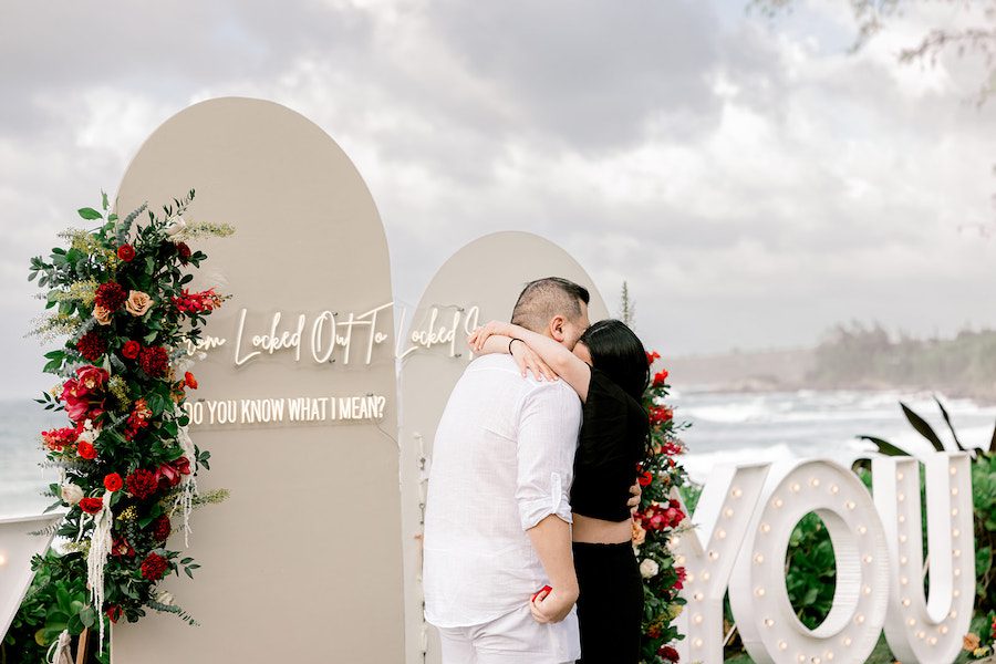Dreamy Oceanview maui proposal couple with their stunning custom setup
