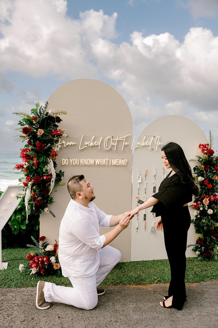 Dreamy Oceanview maui proposal couple with their stunning custom setup