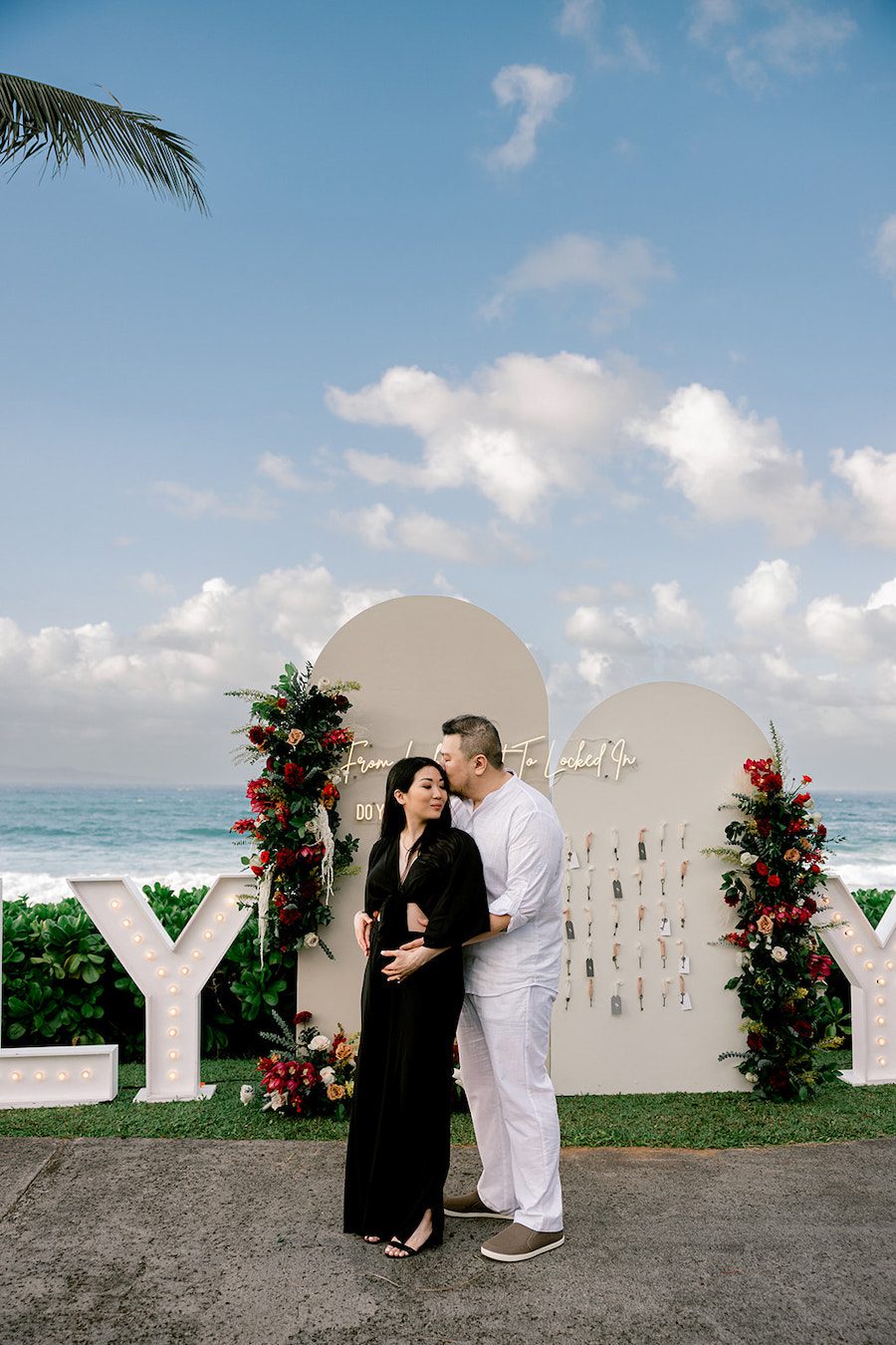 Dreamy Oceanview maui proposal couple with their stunning custom setup