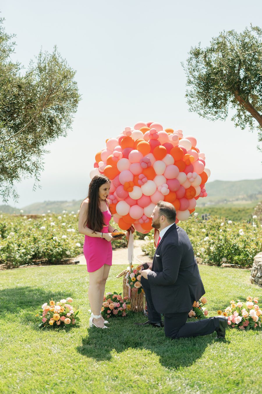 Hot air balloon inspired proposal in Malibu CA down on one knee