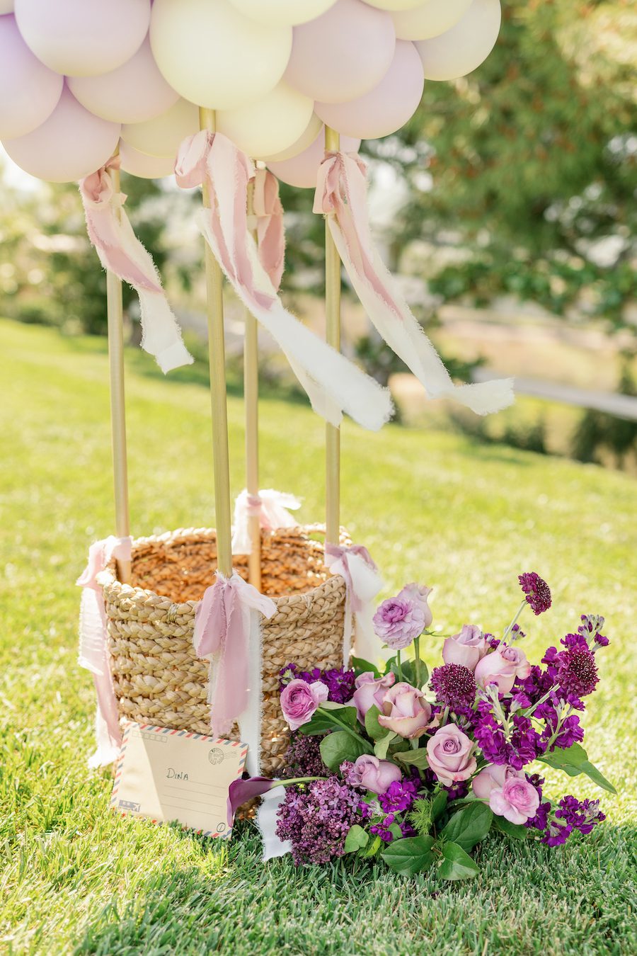 Details from this hot air balloon inspired proposal in Malibu CA. Color coordination with the balloons and flowers 