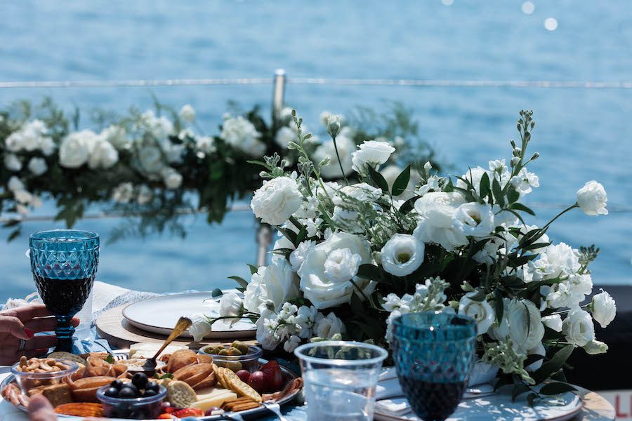 charcuterie board on yacht for wine tasting