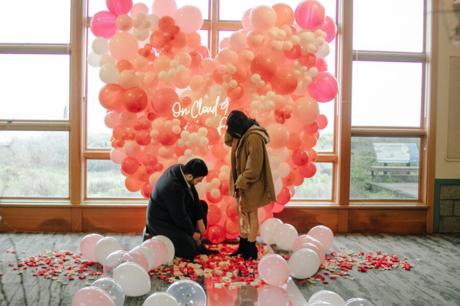 Balloon proposal neon sign proposal cloud proposal rose petal proposal down on one knee