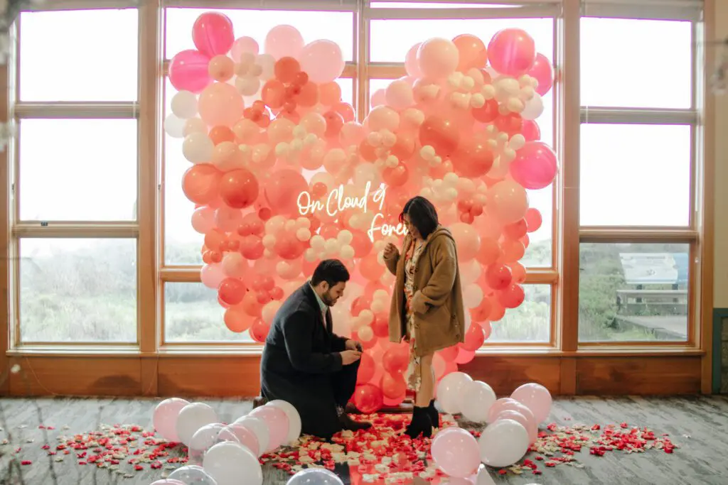 Balloon proposal neon sign proposal cloud proposal rose petal proposal down on one knee