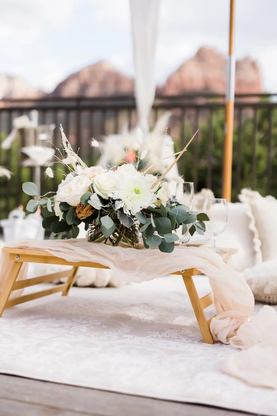 floral details at this Magical Sedona Arizona picnic proposal set up