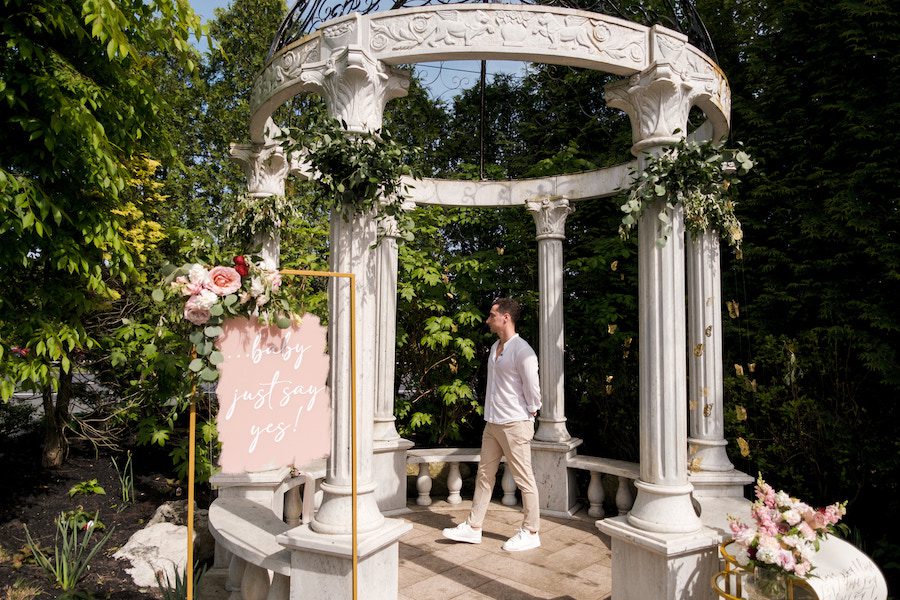 Groom awaits his Fiance to be at this Stunning gazebo proposal in New Jersey, Taylor Swift "Love Story" theme