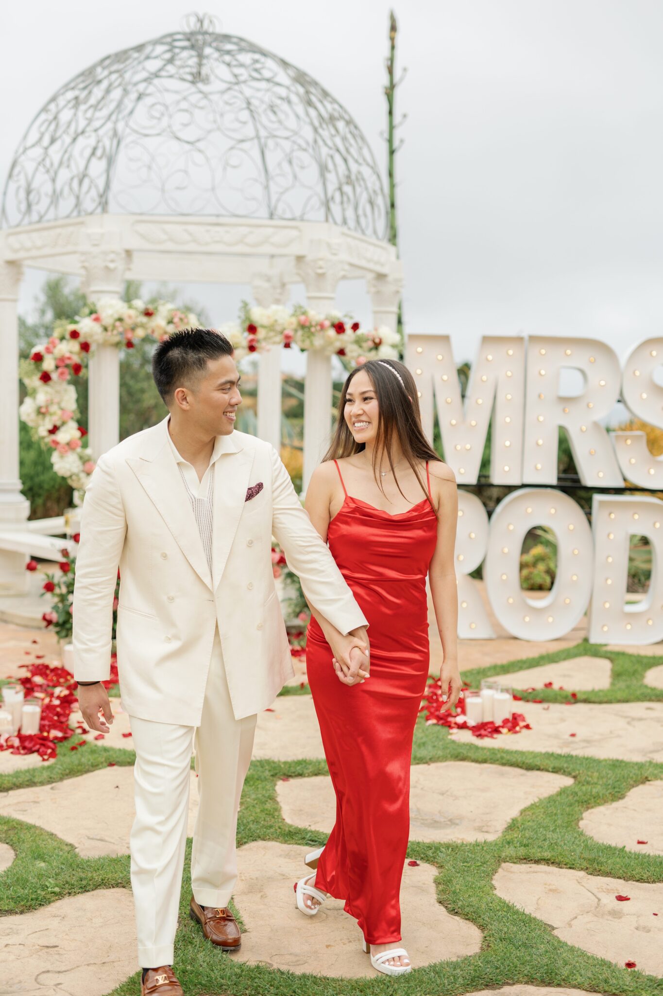 luxury proposal southern california proposal rose heart heart flower arch gazebo proposal marquee letter proposal marry me letter proposal red and pink flower proposal