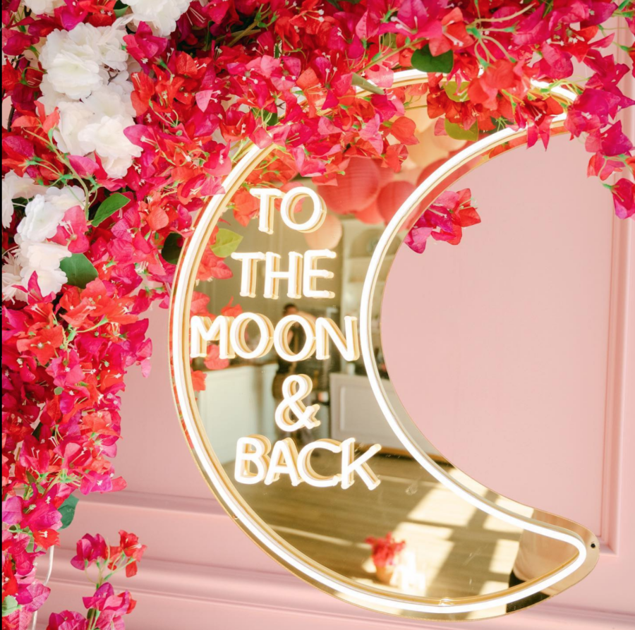 all pink proposal pink flower arch moon proposal to the moon and back sign luxury proposal the yes girls