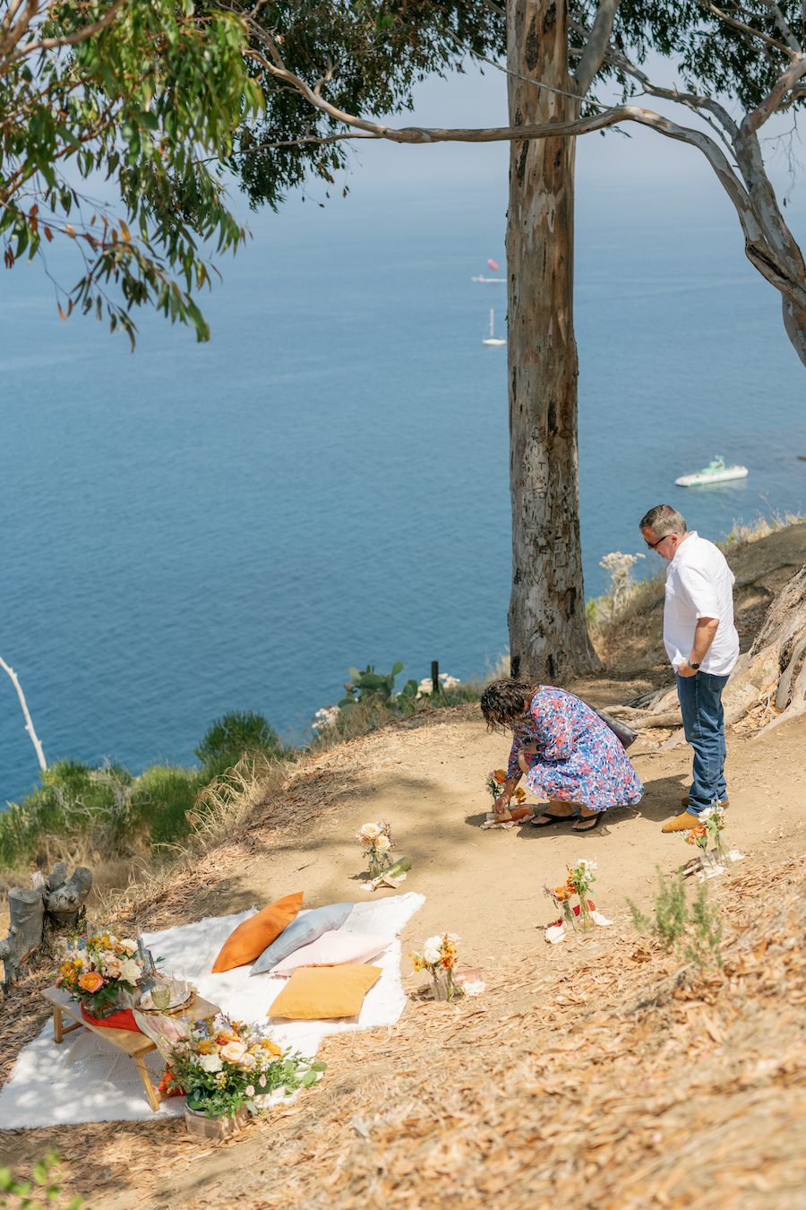 Private Picnic Proposal on Catalina Island. Charcuterie board, champagne, and picnic table set up for the proposal with an ocean view