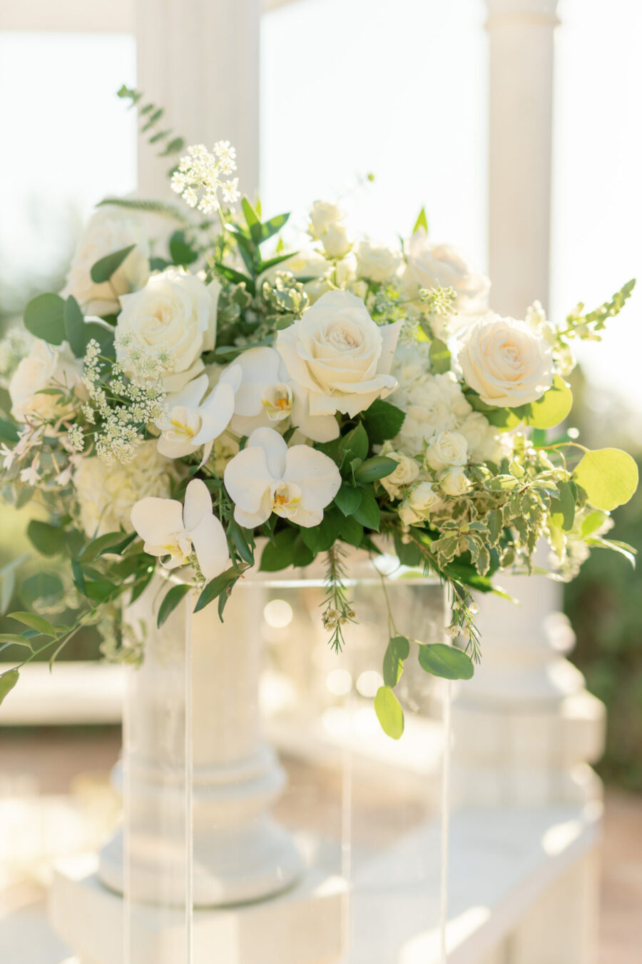 proposal details all white proposal white and greenery flower arrangement