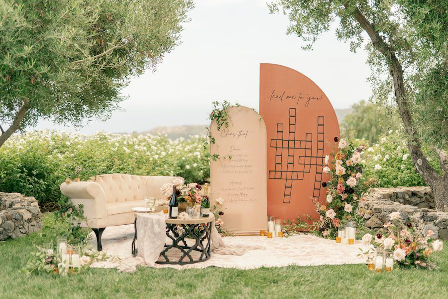 Romanic, Intimate, and Creative Malibu Proposal. With custom details and backdrops. This cozy proposal with gorgeous florals was nestled in the mountains of Malibu. 