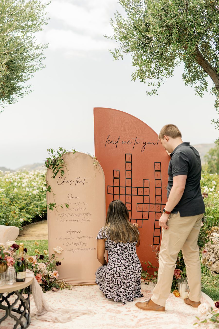 Romanic, Intimate, and Creative Malibu Proposal. With custom details and backdrops. This cozy proposal with gorgeous florals was nestled in the mountains of Malibu. 