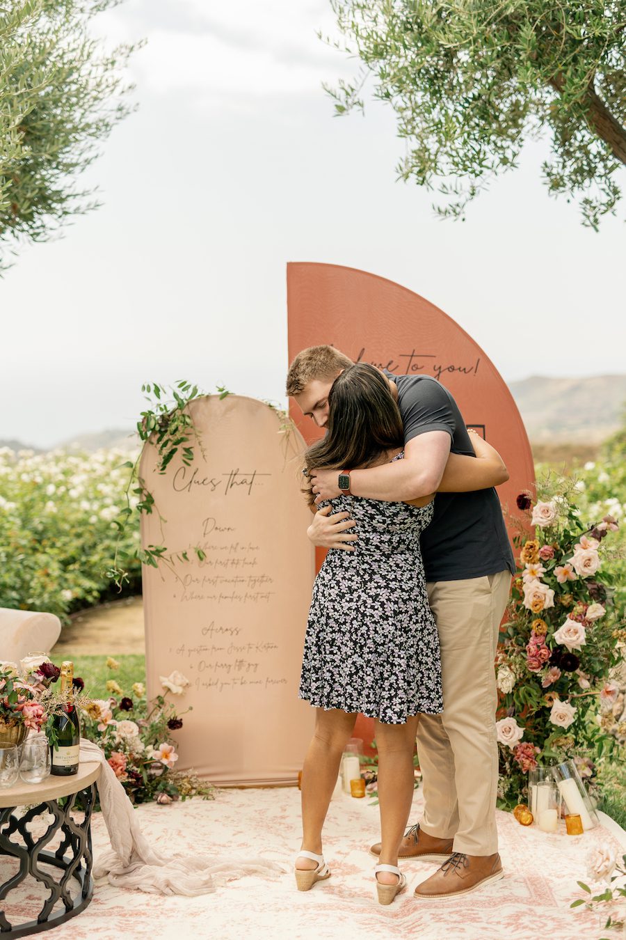 Romanic, Intimate, and Creative Malibu Proposal. With custom details and backdrops. This cozy proposal with gorgeous florals was nestled in the mountains of Malibu. 