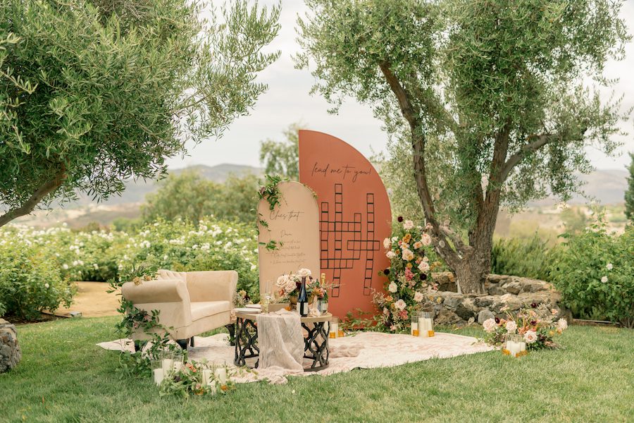 Romanic, Intimate, and Creative Malibu Proposal. With custom details and backdrops. This cozy proposal with gorgeous florals was nestled in the mountains of Malibu. 